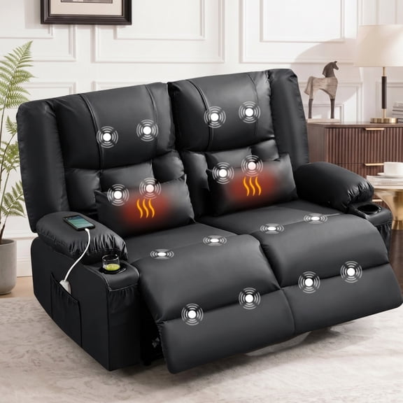 JULY'S SONG Oversized Loveseat Recliner Couch with Heat and Massage, 2 Seater Manual Reclining Sofa with Charge Port, Double Recliner Chair for Adults, Leather - Black