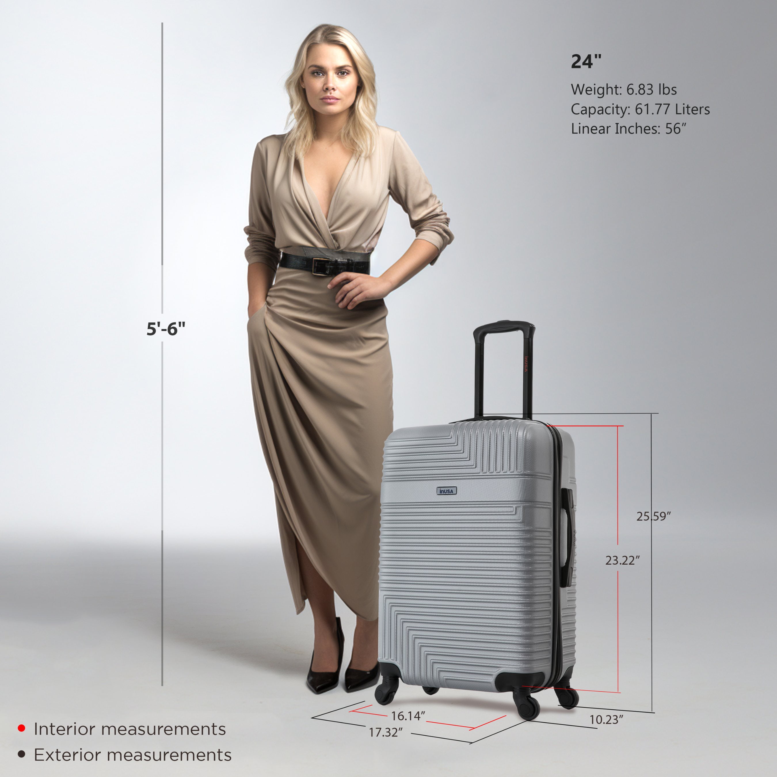 InUSA Resilience 24" Hardside Lightweight Luggage with Spinner Wheels, Handle, and Trolley, Silver