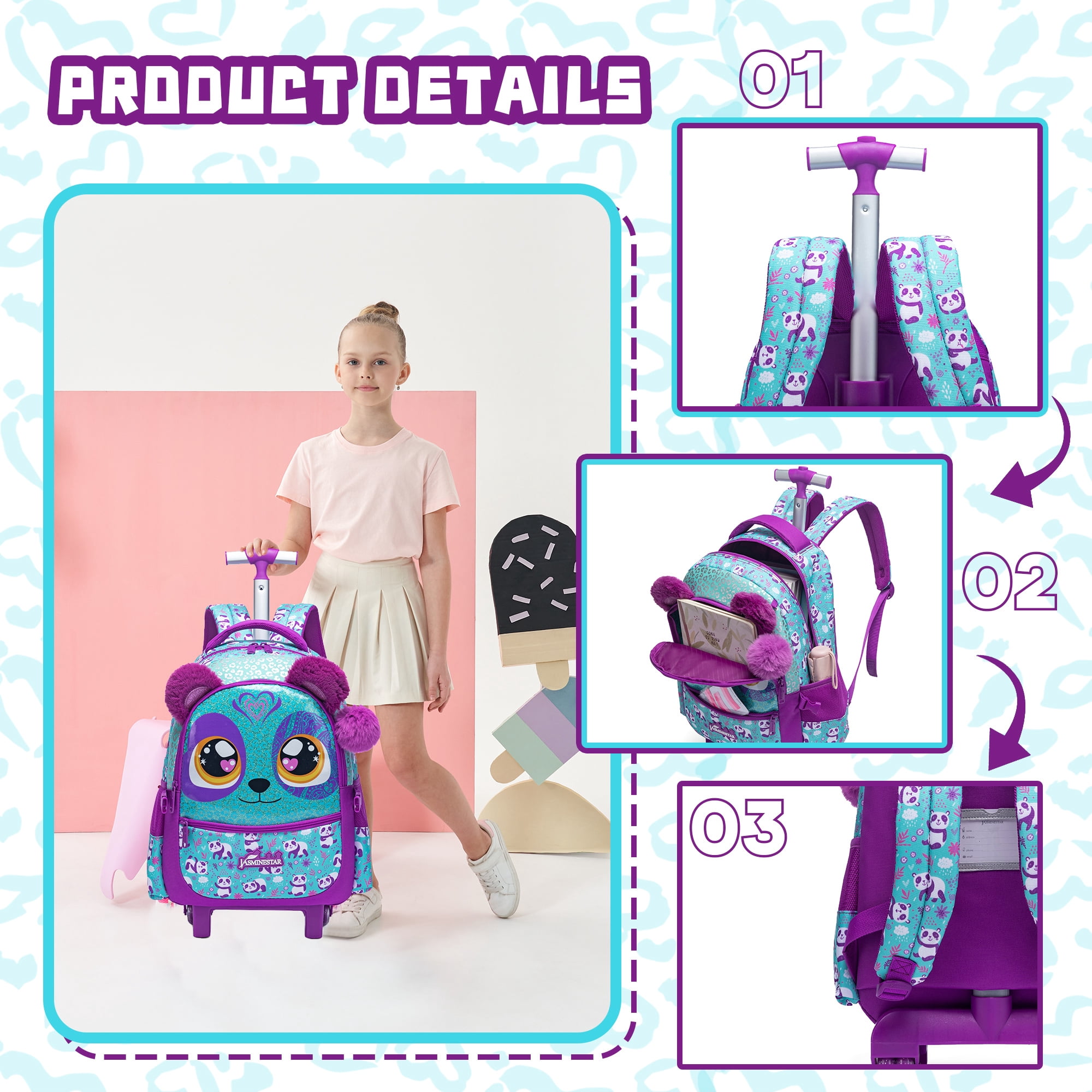 Rolling Backpacks for School Girls Kids Wheeled Backpack with Wheels Bookbag with Lunch Box Pencil Case for Elementary Students Ages 6-8