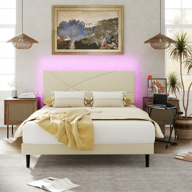 Homy Casa queen bed with beige upholstered headboard, light yellow bedding, and an adjustable black folding tray table in a modern bedroom setting.