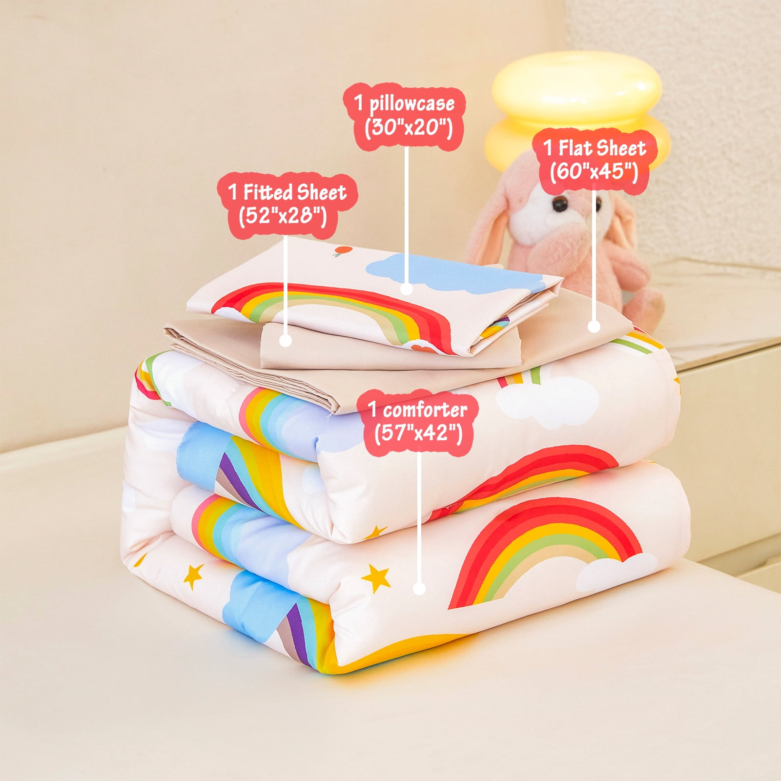 ZRNBAST 4 Piece Toddler Bedding Set, Rainbow Clouds Kids Crib Toddler Comforter Set for Girls, Beige