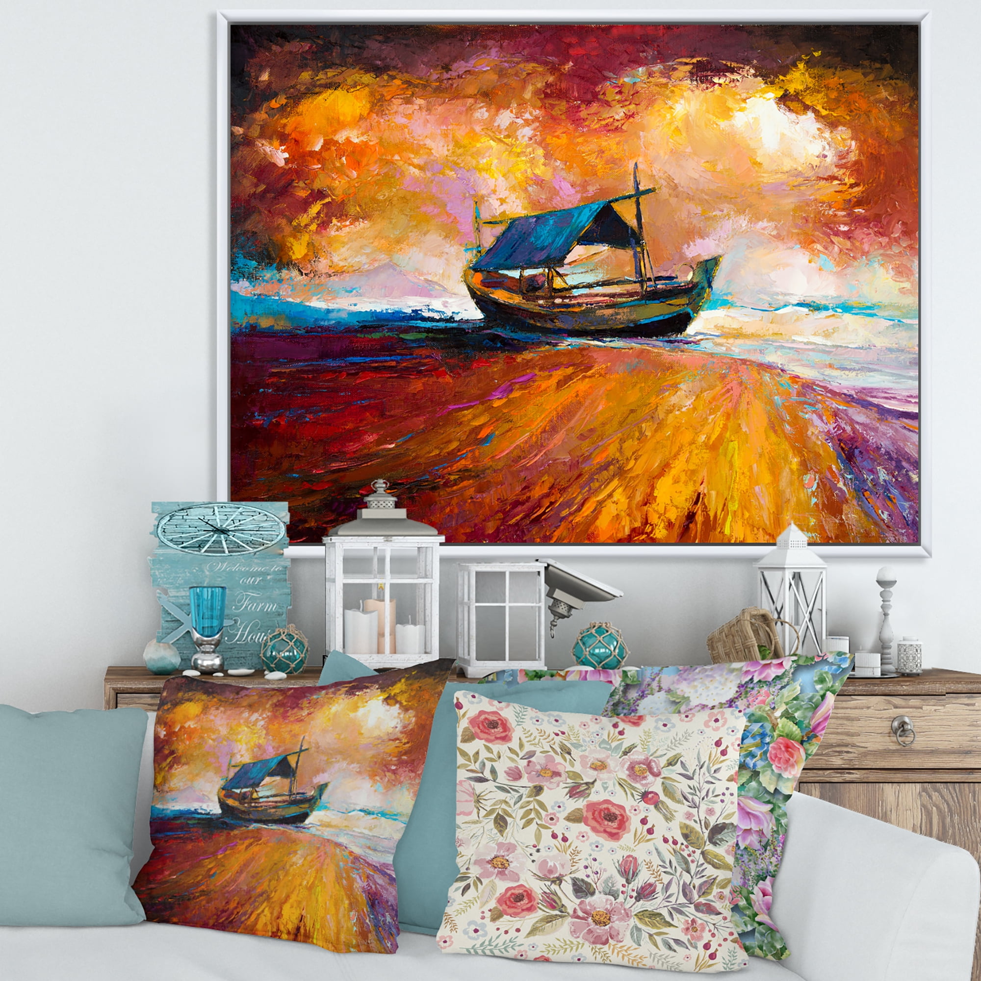 Designart 'Traditional Fisherboat During Ocean Evening Glow' Nautical & Coastal Framed Canvas Wall Art Print