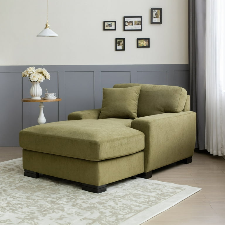 Indoor Oversized Chaise Lounge Chair Modern Mid Century Linen Lounge Chair Upholstered Comfy Chaise Lounges Couch Sleeper Sofa with Pillow and Solid Wood Legs for Living Room Bedroom Office Green Walm...