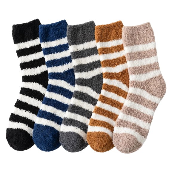5 Pairs Mens Plus Size Fuzzy Crew Socks Thick Winter Coral Fleece Striped Mid Calf Home Floor Socks Soft Plush Knit