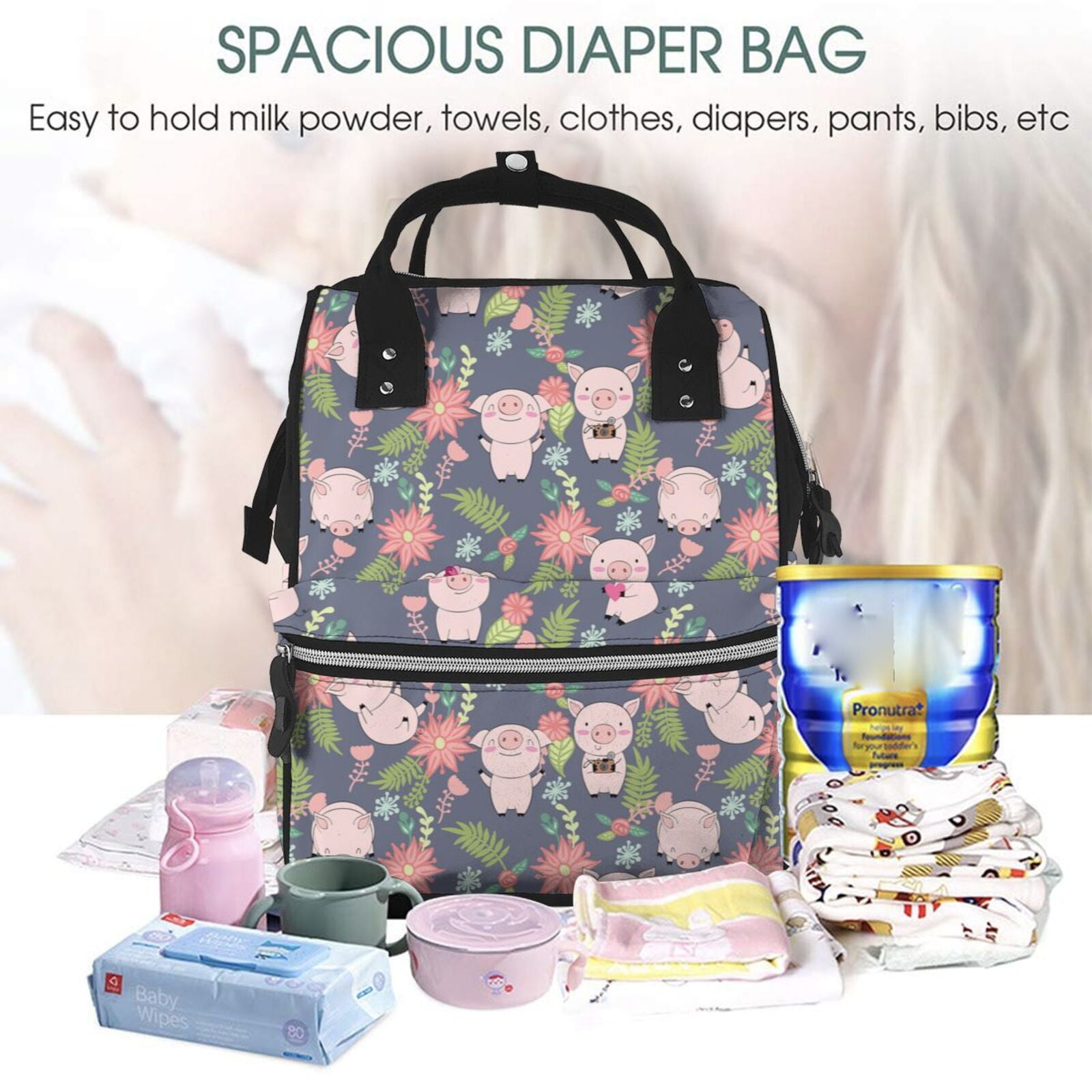 Ratiio Pigs 1 Mummy Backpack - Waterproof Twill Canvas, Large Capacity Diaper Bag with Multiple Pockets and Adjustable Straps