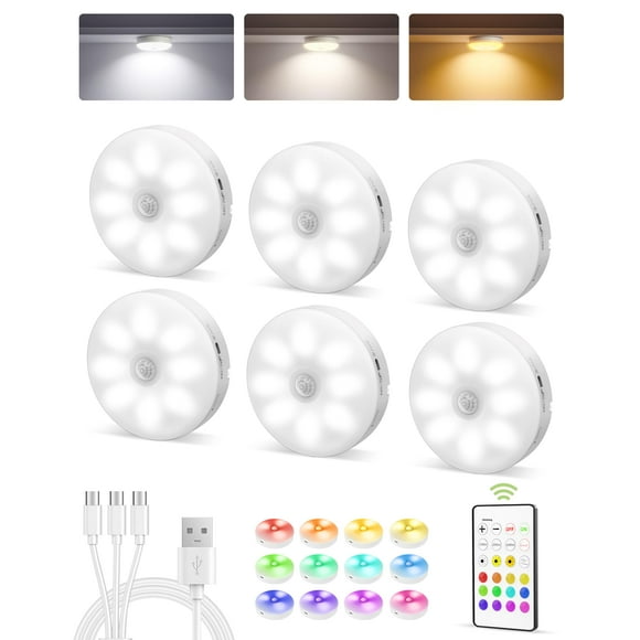 EZVALO 6-Pack Rechargeable Motion Sensor Light Indoor, 15 RGB Color Temps Under Cabinet Lighting, Wireless LED Puck Lights with Remote, Und