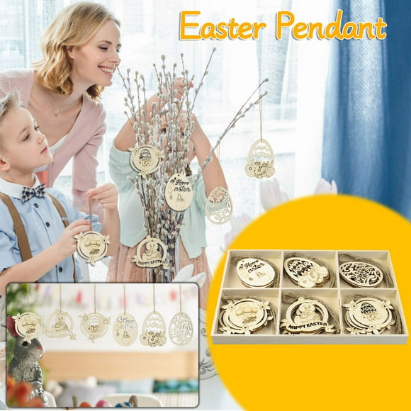 PVCS 30pcs Easter Shaped Wooden Chips Embellishments Hanging Ornaments For Easter Decoration