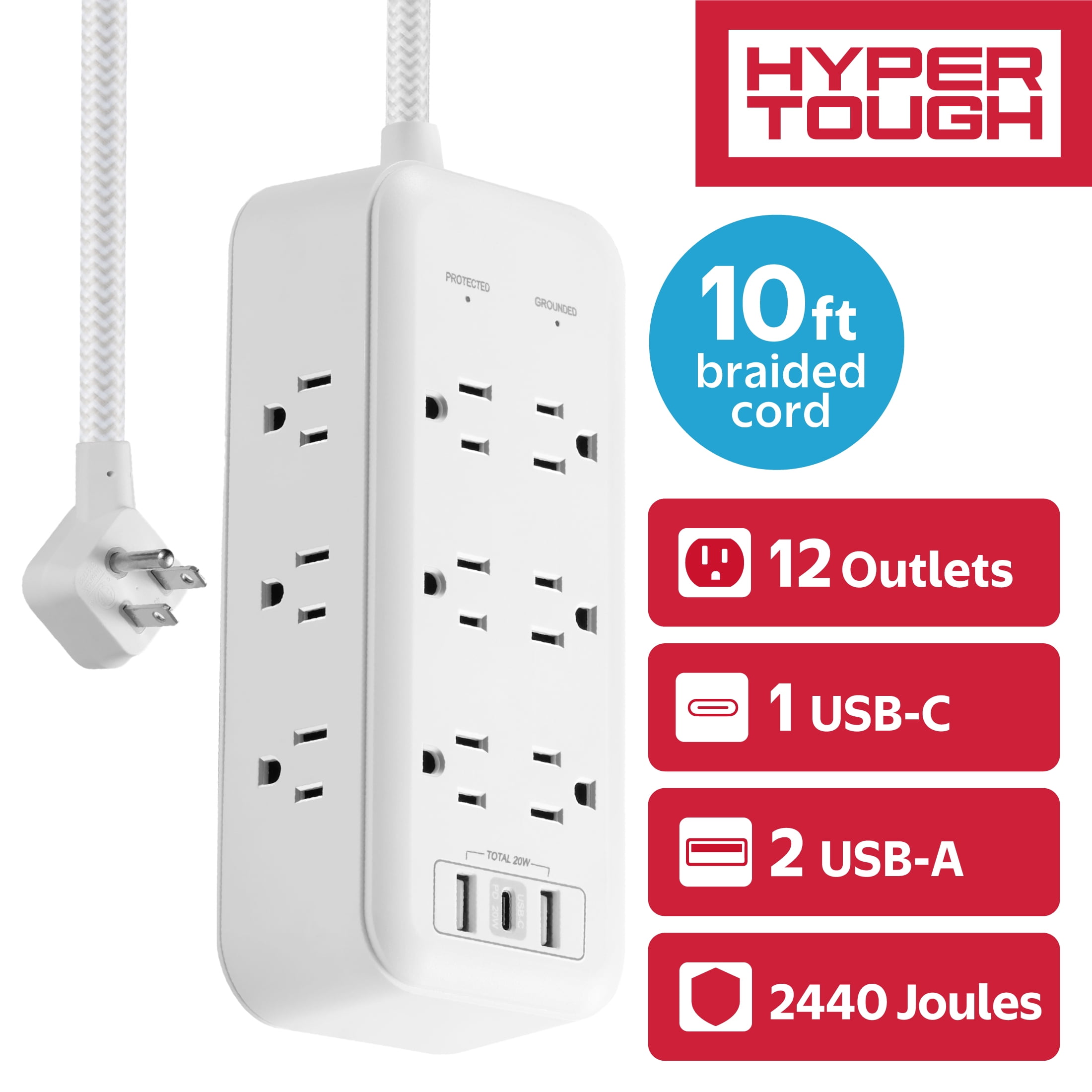 (2 pack) Hyper Tough USB Power Strip Surge Protector, 12 Outlet, USB Fast Charger, 10ft Extension Cord, White