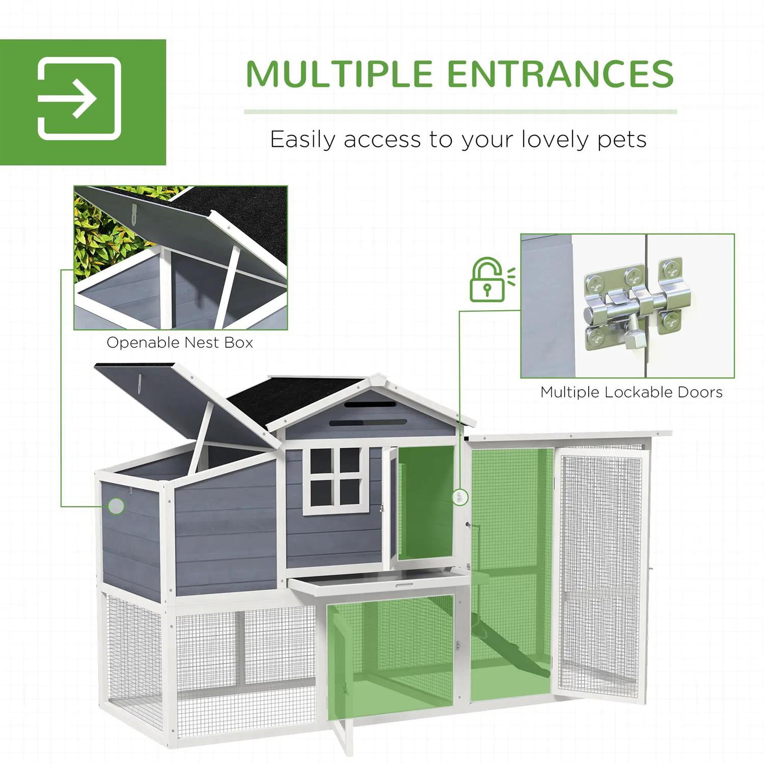 Pefilos 76" Large Chicken Coop Rabbit Hutch, Outdoor Wooden Poultry Cage Hen House with Nesting Box, Tray for Garden Backyard, Gray