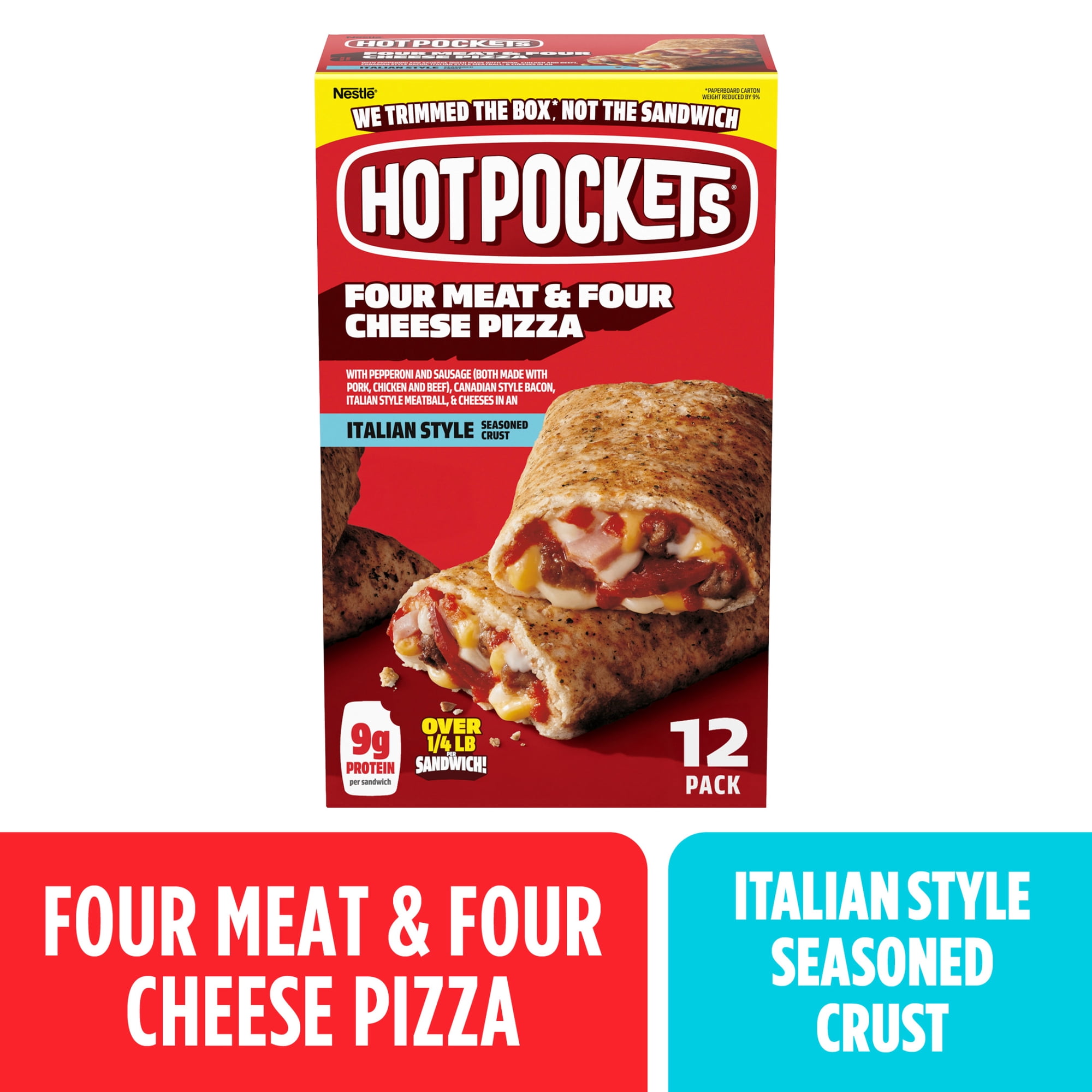 Hot Pockets Frozen Snacks, Four Meat and Four Cheese, Italian Style Seasoned Crust Sandwich, 51 oz, 12 Pack (Frozen)