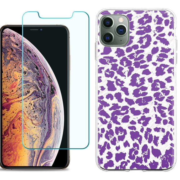 For Apple iPhone 11 Pro Max Phone Case , Slim-Fit TPU Case with Tempered Glass Screen Protector, by OneToughShield ® - Cheetah Purple