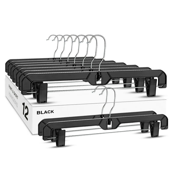ACSTEP Plastic Hangers with Clips,14 Inch Pant Hanger for Space,12 Pack,Black