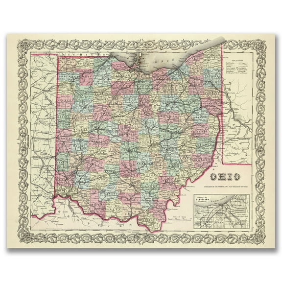 Ohio 1855 Vintage Map 11x14 Unframed Print–Antique Cartography Poster Reproduction w/Counties Railroads Rivers Towns Historical Wall Art Rustic Buckeye State Décor Home Office Library Classroom Study