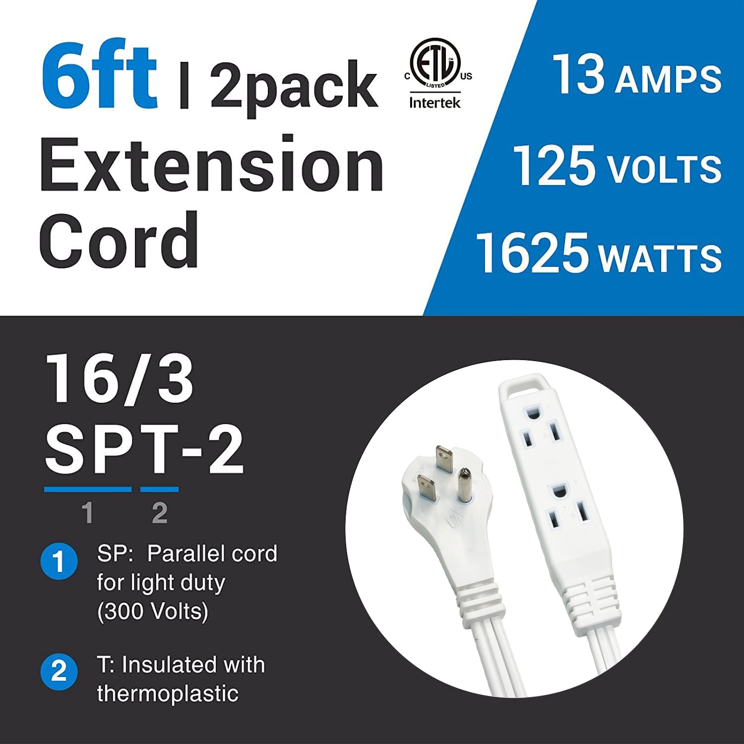 BN-LINK 6 Ft Indoor Flat Plug Extension Cord 2 Pack photo 4