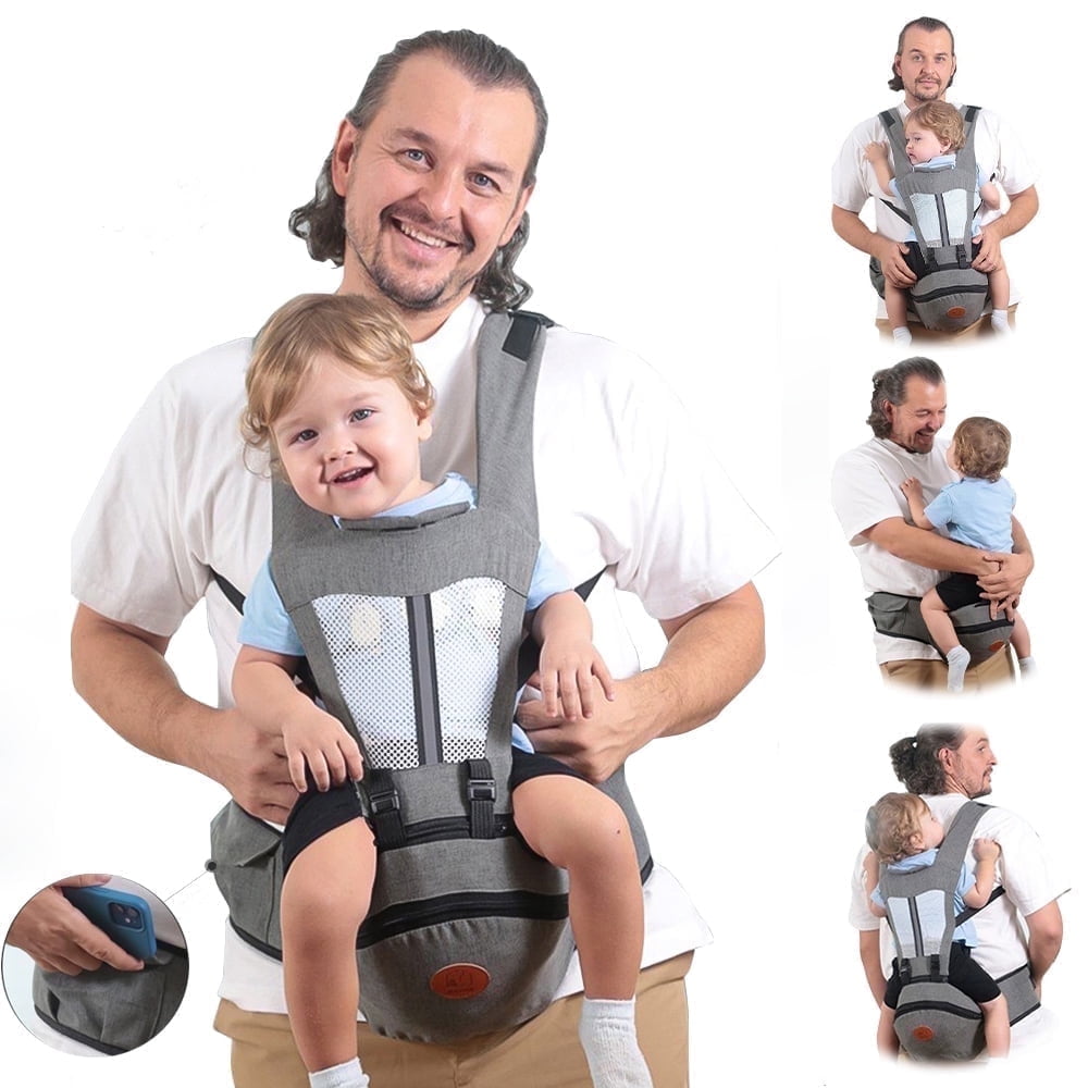 Baby Carrier, 6-in-1 Ergonomic Baby Carrier with Hip Seat Diaper Pocket Front and Back Baby Sling with Waist Stool Lumbar Support for Breastfeeding Newborn to Toddler, Up 50lbs (Gray)