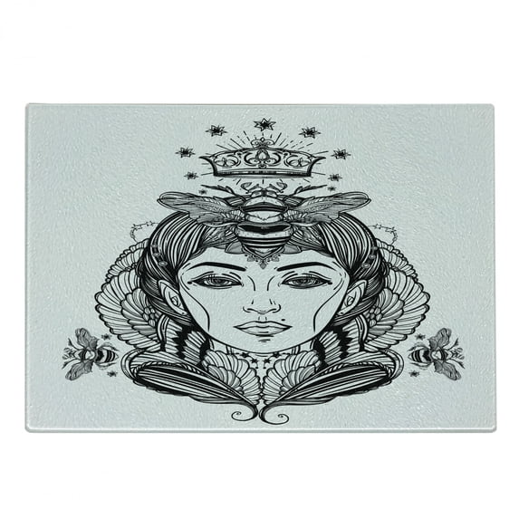 Queen Cutting Board, Queen Bee Portrait Female Fantasy Folklore Art, Decorative Tempered Glass Cutting and Serving Board, Small Size, Dark Brown and White, by Ambesonne