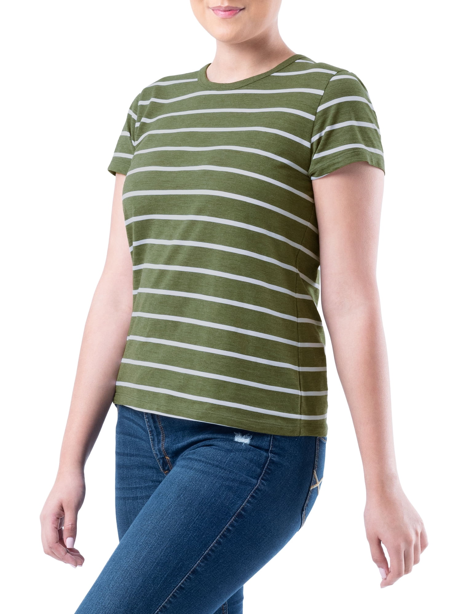Time and Tru Womens Striped Short Sleeve Slub Crew Neck T-Shirt, 2-Pack