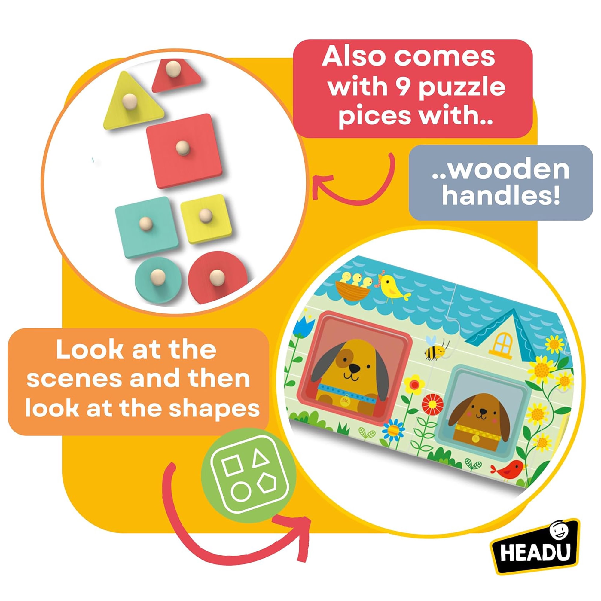 Headu: Progressive Babies Montessori - Wooden Shapes & Color Matching Game, Oversized Animal Scene Puzzle Tiles, Sight Recognition Play, Toddlers 2-4