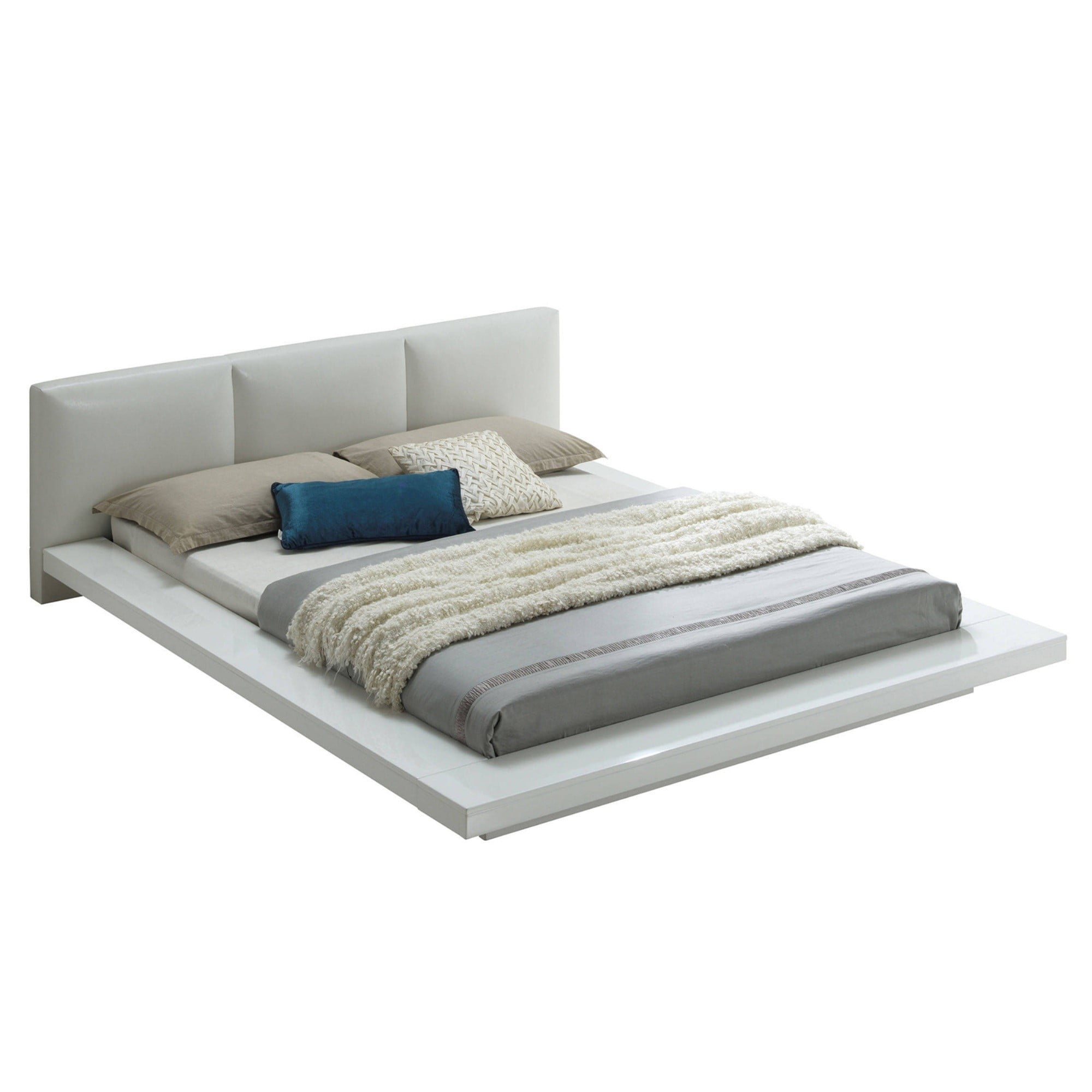 Wooden Queen Size Low Profile Bed with Padded Headboard White Walmart