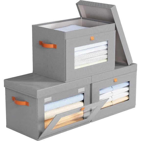 Yecaye 3 Pack Clothes Storage Bins with Lid,Stackable Closet Organzier, Gray