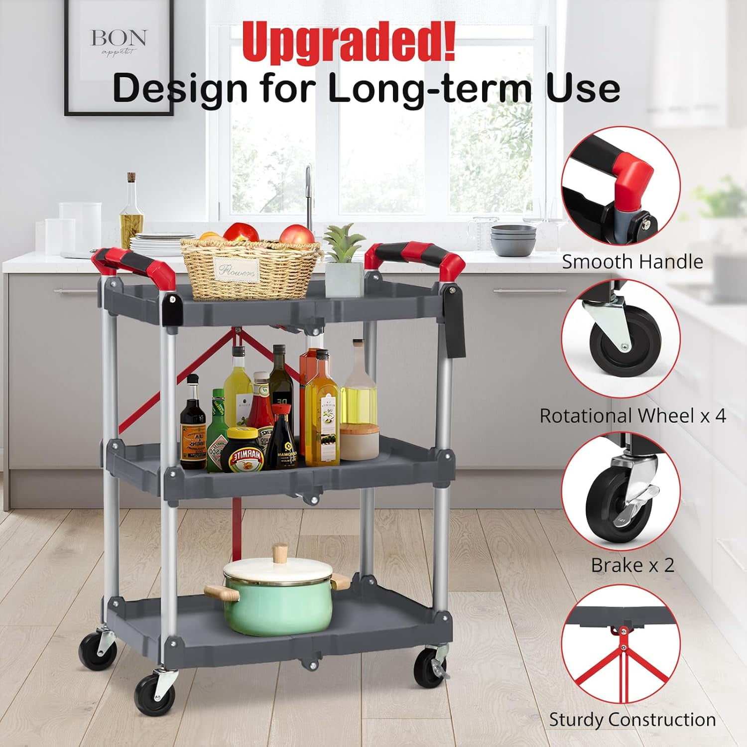 Folding Utility Service Cart, Collapsible Cart with Wheels, 3 Tier Rolling Utility Cart, Folding Cart with Wheels Collapsible, Service Cart for Tool, Grocery, Kitchen, Office