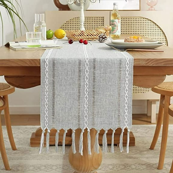Namzi Rustic Table Runner with Tassels, Cotton Linen Table Decoration for Holiday Party, Farmhouse Table Runners, Wedding and Dining Decorations, 90 Inches, Light Grey