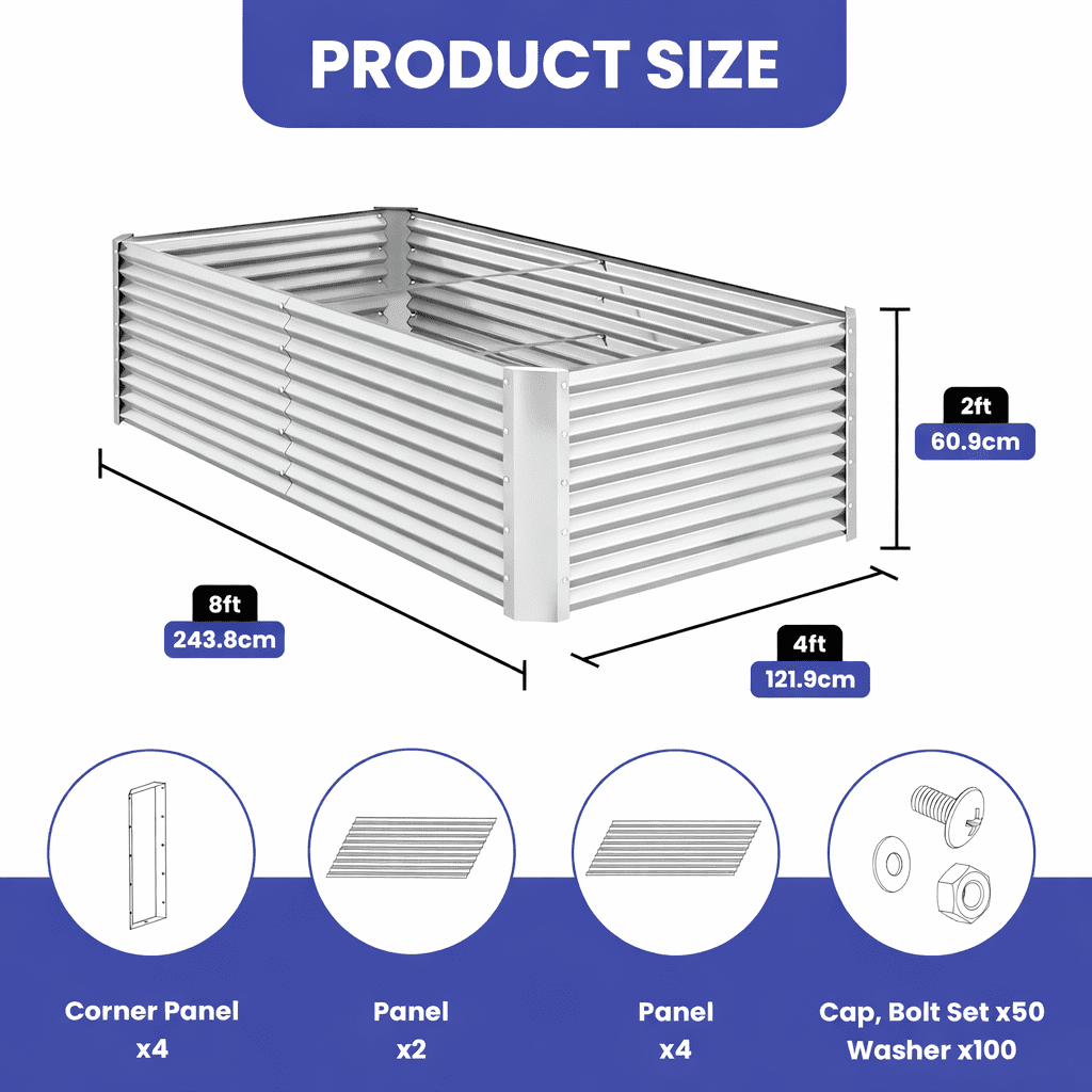 ModFusion 8x4x2 ft Galvanized Raised Garden Bed Kit with Rubber Edge, Ground Anchors, 479-Gallon Corrugated Wavy Metal Planter Box, Outdoor Vegetable Gardening, Silver