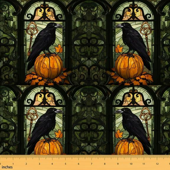 Homewish Spooky Halloween Castle Fabric by the Yard 2 Yard,Black Crow Raven Room Decor Fabric by the Yard,Orange Pumpkin Fabric for Sewing For Boys Kids,Ultra Soft Home Decor
