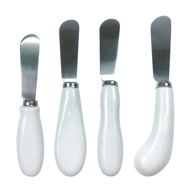 4 piezas esparcidor de queso cuchillo de mantequilla de queso cuchillo esparcidor de acero inoxidable con mangos de porcelana blanca cuchillos esparcidores de mantequilla de queso multiusos