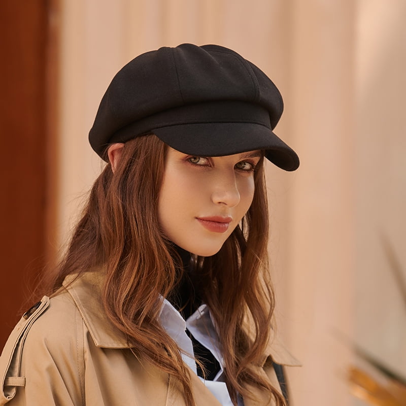 Women Hat Cap Beret Wool Blend Newsboy Gatsby Flat Oversized Black Fashion 
