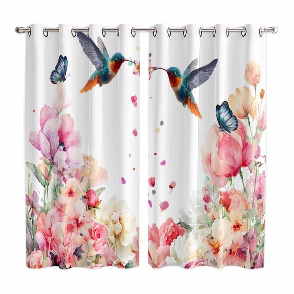 Pink Flower Kitchen Curtains Window Panels, Spring Floral Butterflies Birds Farmhouse Insulated Window Treatment Curtain, Grommet Curtains for Bedroom/Living Room/Bathroom, 2 Piece 42"Wx63"L