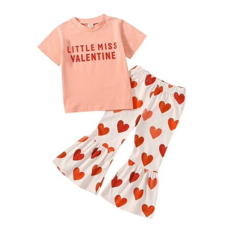

CIYCuIT Toddler Baby Girl Outfit Valentines Day T Shirt Top Love Heart Bell Buttoms Pants Spring Clothes