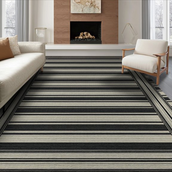 ODIKA 8'x10' Washable Area Rug Durable, Non-Slip Striped Contemporary Alternating Stripe Minimalist Doormat Layout for Living Room, Under Sectional, Family