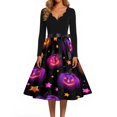 thumbnail image 4 of Women's Halloween Dress Witch Hat 1950s Long Sleeve Novelty Dresses Pumpkin Cocktail V-Neck Classic Swing Dress with Belt L, 4 of 5