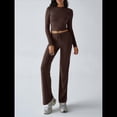 thumbnail image 4 of Conjuntos de 2 Piezas para Mujer, Larga, Cuello Redondo, Pantalones Acampanados de Cintura Alta, Conjuntos de Chándal, Ropa de Calle. Marrón S, 4 of 10
