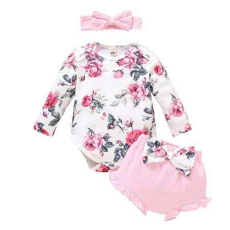 

Honeeladyy Newborn Infant Baby Girls Ruffles Romper Tops+Floral Shorts Outfits Headband Set Pink