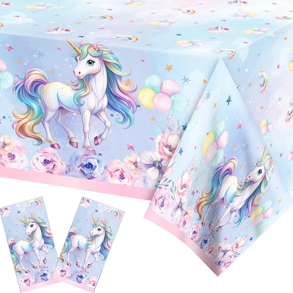 2-Pack Unicorn Disposable Tablecloth, Colorful Pony Plastic Table Cover 86 x 51 Inches For Wedding Birthday Party Decoration Supplies