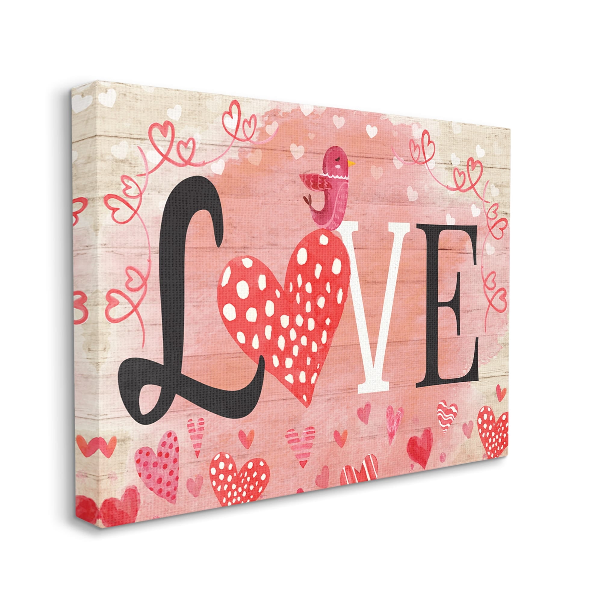 Stupell Romantic Love Patterned Hearts Bird Holiday Painting Gallery Wrapped Canvas Print Wall Art
