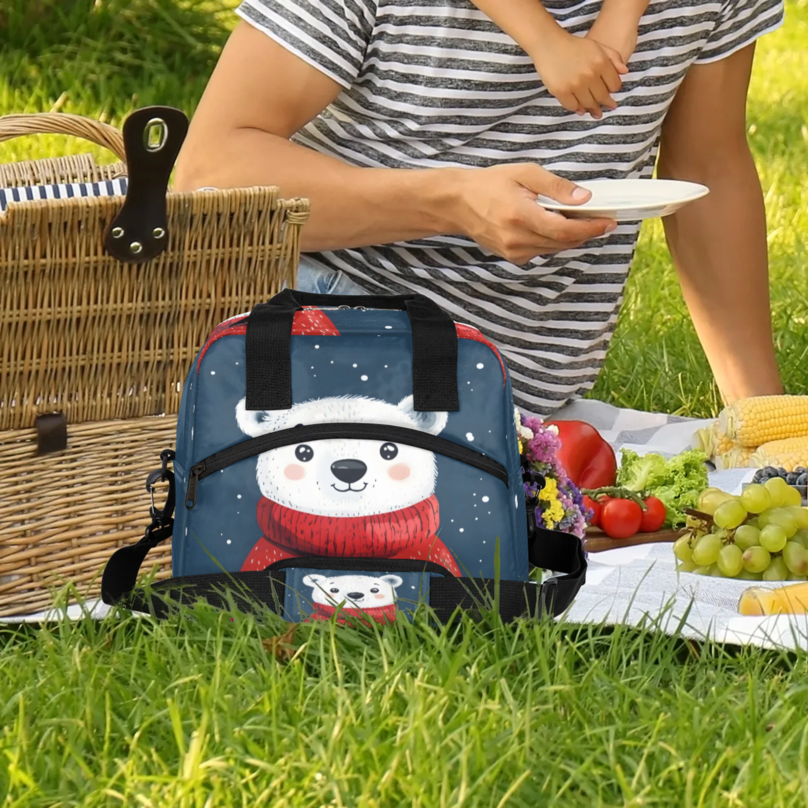 Herdesigns Cartoon Lunch Bag for Women Men Adult, Bear Large Insulated Reusable Lunch Box Leakproof Portable Cooler Tote Bags for Work Picnic Beach