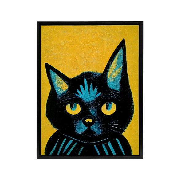 Quirky Black Cat Black Framed Canvas Wall Art Print 12X16"