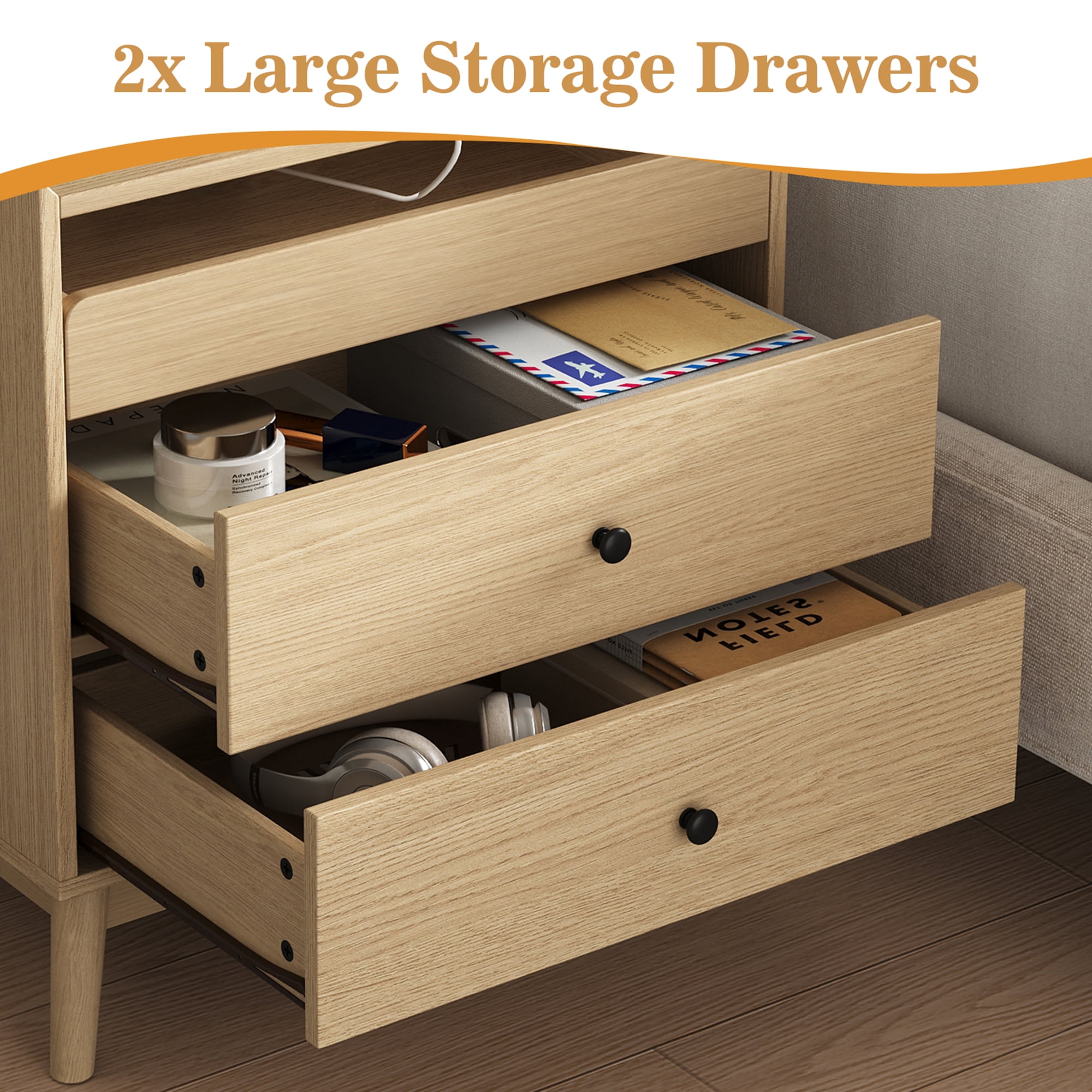 IDEALSOUL Nightstand Set of 2, 24 inch End Side Table with Hidden Charging Station, Large Wooden Night Stand for Bedroom Furniture(2pcs, Wood color)