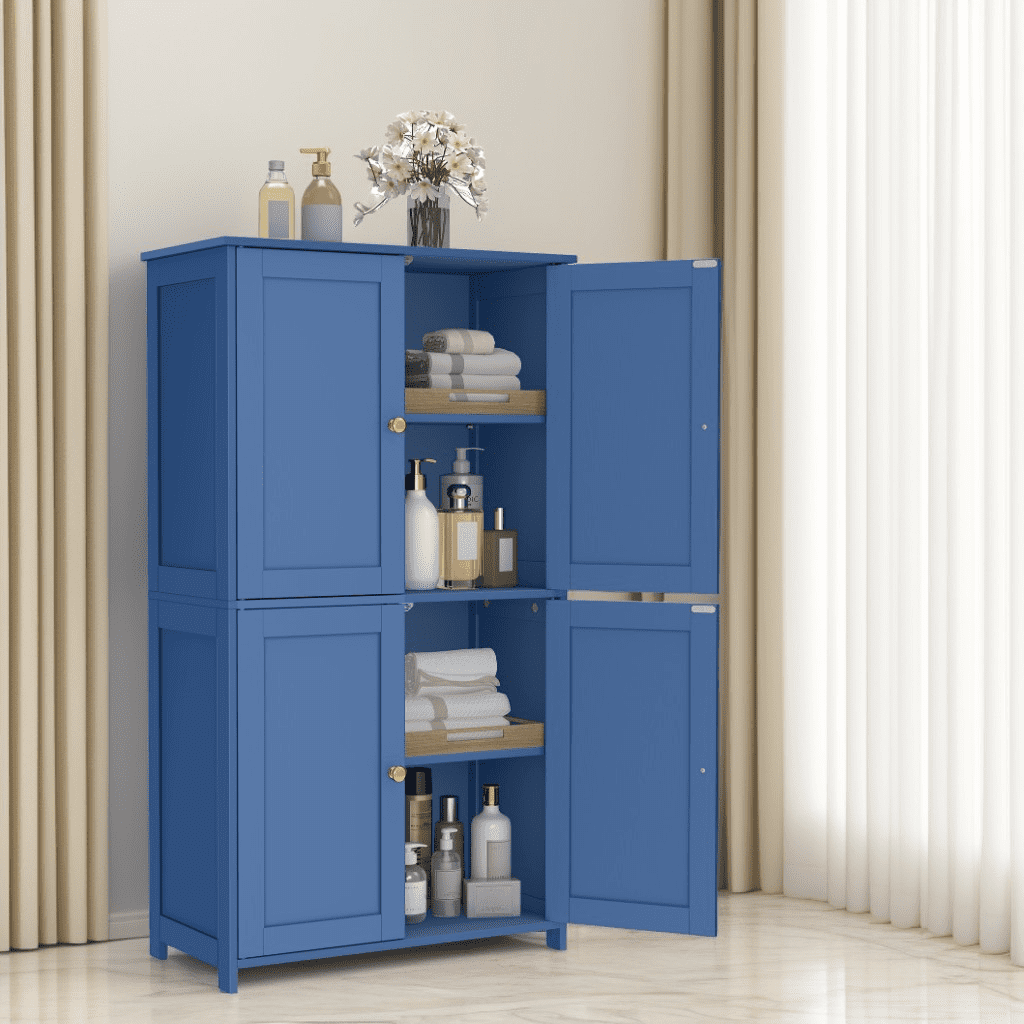 LEDREM Bathroom Storage Floor Cabinet Organizer with Adjustable Shelf 4 Magnetic Doors Freestanding for Living Kitchen Room Small Spaces,Blue