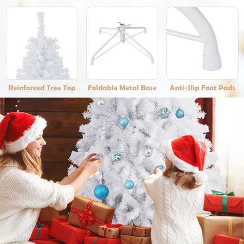 GOFLAME 7.5FT White Christmas Tree, Artificial Hinged Christmas Tree with 1346 PVC Branch Tips and Folding Metal Stand, Indoor Outdoor Xmas Decoration Tree for Home Office Party, Easy Setup