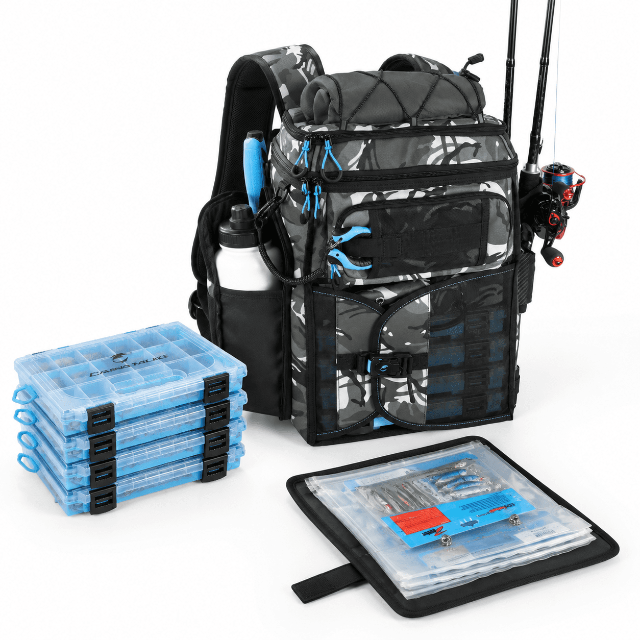 Black Camo Backpack with (4) 3600 Tackle Boxes Fishing Storage Pack