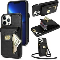 Phone Case for iPhone 13 Pro 6.1 inch Wallet Cover with Credit Card Holder Zipper Slot Crossbody Strap Lanyard Leather Stand Cell iPhone13Pro 5G i i-Phone i13 iPhone13 13Pro Women Girls Black