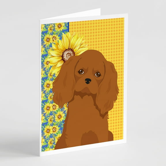 Summer Sunflowers Ruby Cavalier Spaniel Greeting Cards and Envelopes Pack of 8 7 in x 5 in
