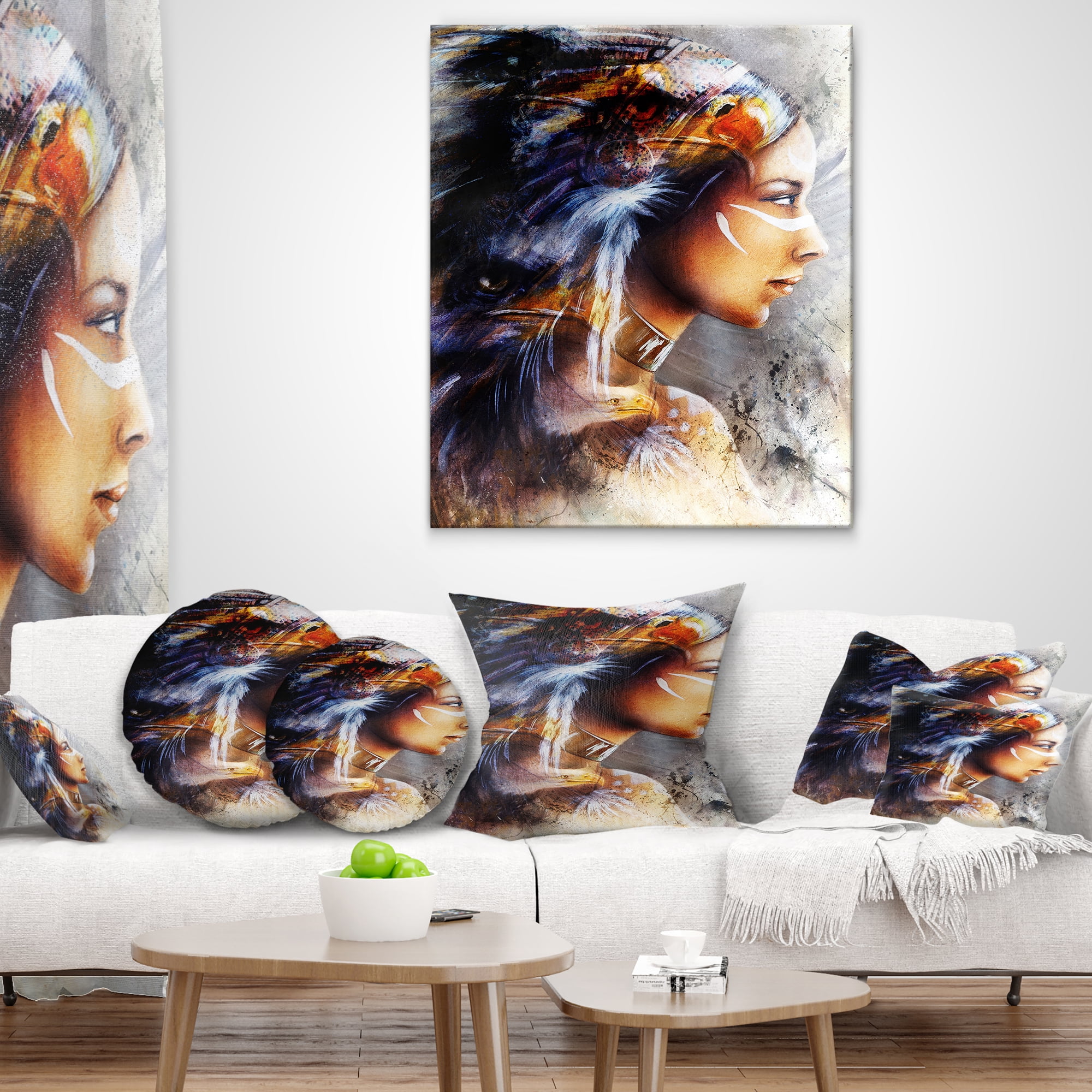 Designart Woman with White Horse Eagles - Indian Throw Pillow - 18x18