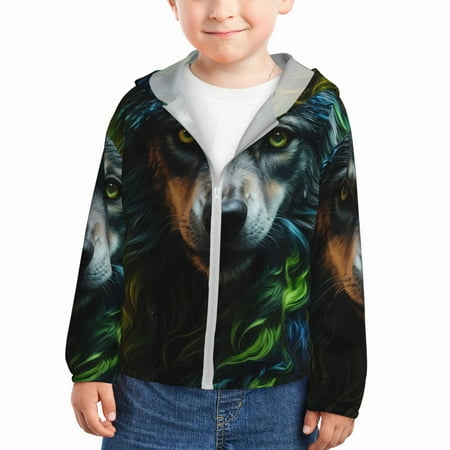 

Ocsxa Realistic Style Colorful Wolf A Print Kids Active Zipper Sun Protection Jacket Boys Girls Hooded Cooling Shirt-18 Months