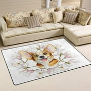 FREEAM Floral Dog Non Slip Area Rug for Living Dinning Room Bedroom Kitchen, 3' x 5'(39 x 60 Inch), Cherry Blossom Corgi Nursery Rug Floor Carpet Yoga Mat