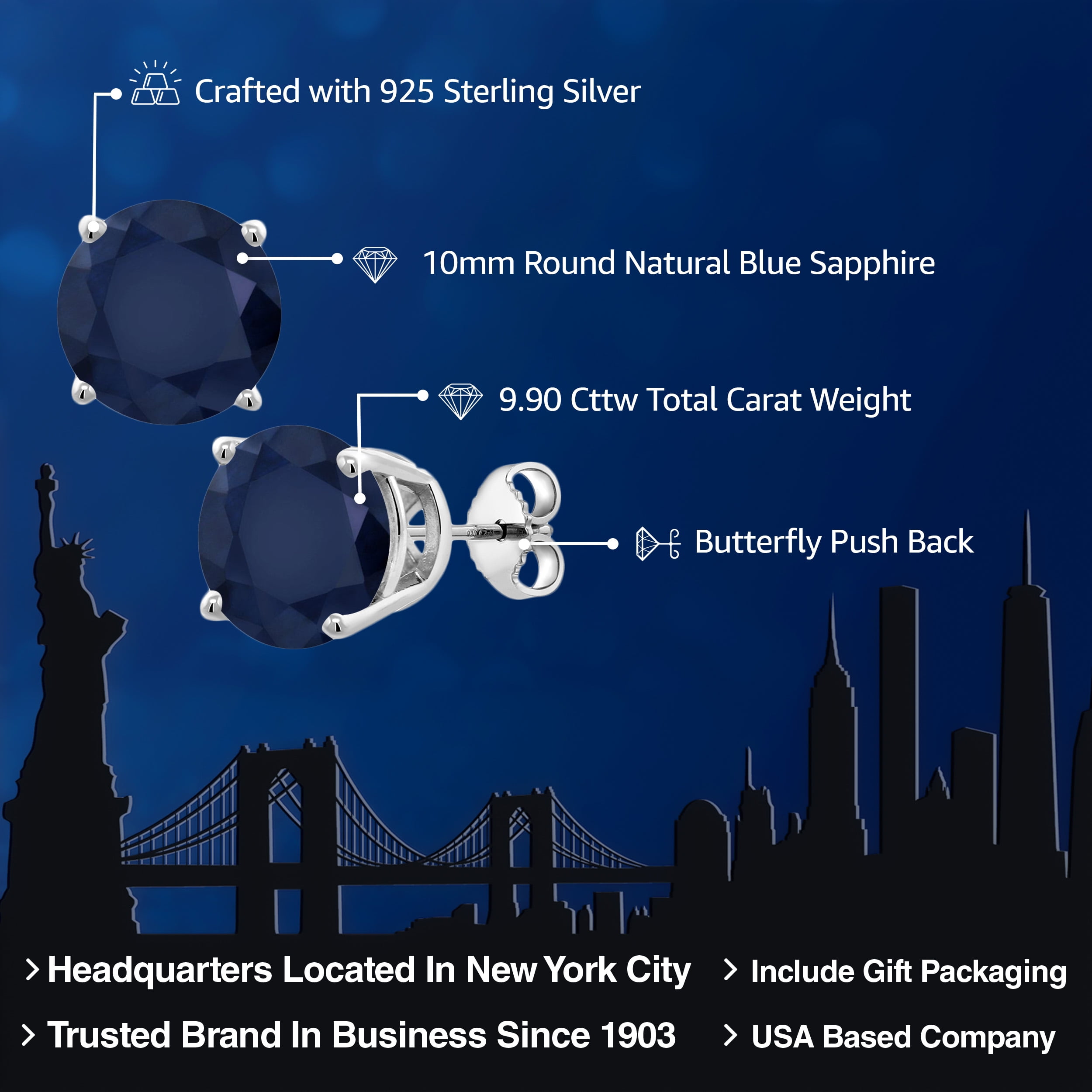 Gem Stone King 925 Sterling Silver Blue Sapphire Stud Earrings for Women Men (9.90 Cttw, Round 10MM)